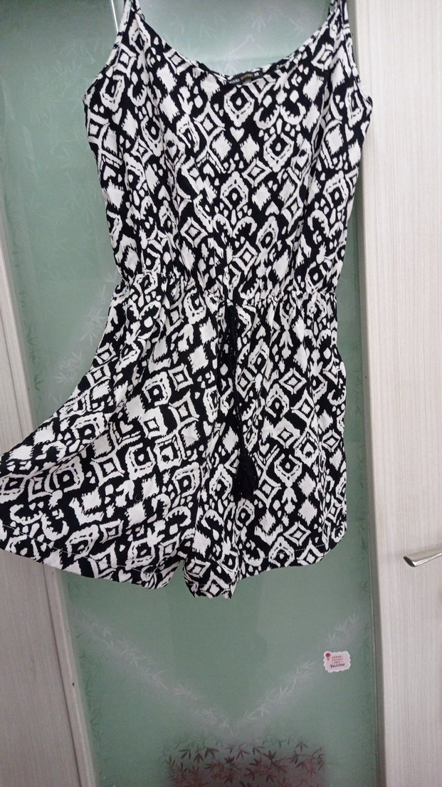 Siyah Beyaz Bağcıklı Bohem Tulum - Görsel 2