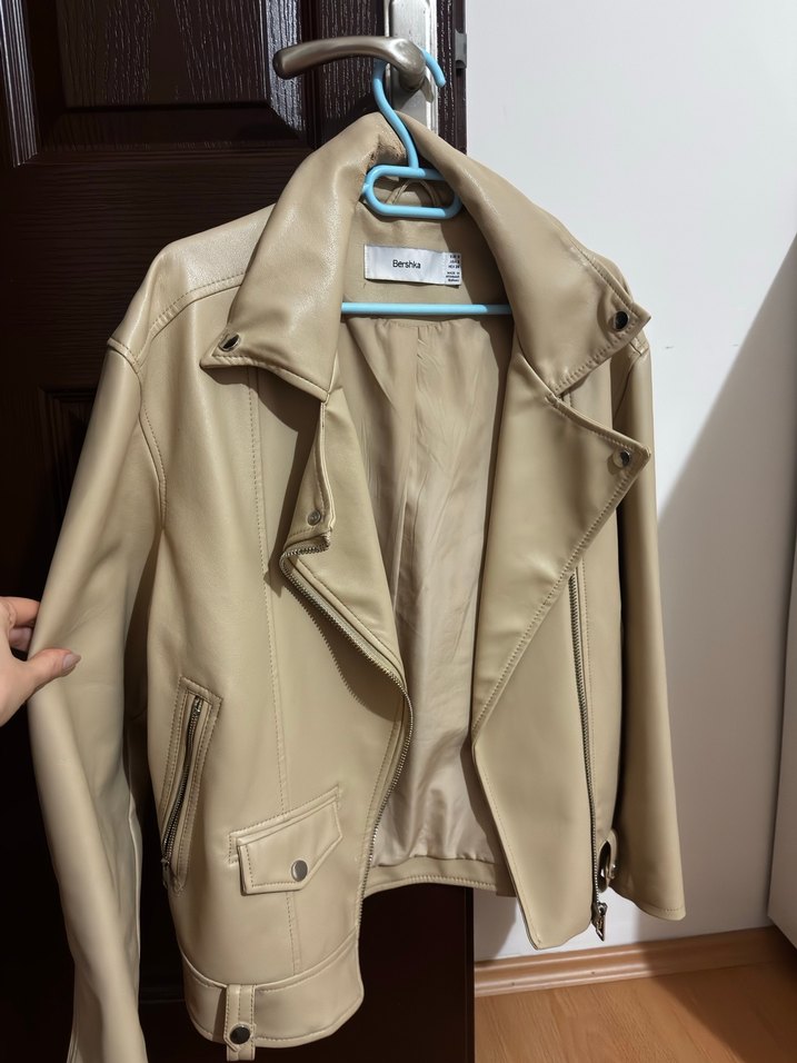 Bej Kadın Deri Ceket, Normal Boy - Görsel 2