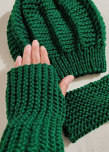 Beden yeşil Renk El örgüsü bere eldiven takım 