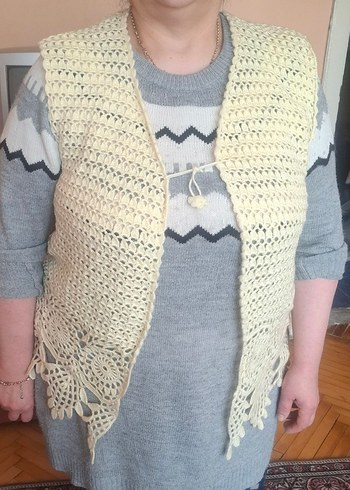 Beyaz Örgü Bohem Kadın Yelek - Görsel 2