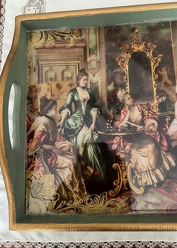 El boyama ahşapKlasik Sanat Temalı Renkli Ahşap Tepsi - Görsel 3