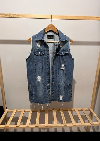 Düğmeli Mavi Denim Kolsuz Ceket@kot ceket