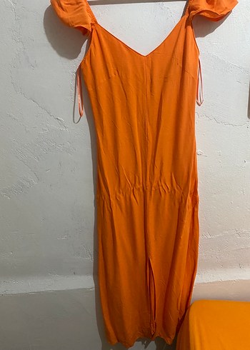 Turuncu Keten Salaş V Yakalı Uzun Tulum - Görsel 2