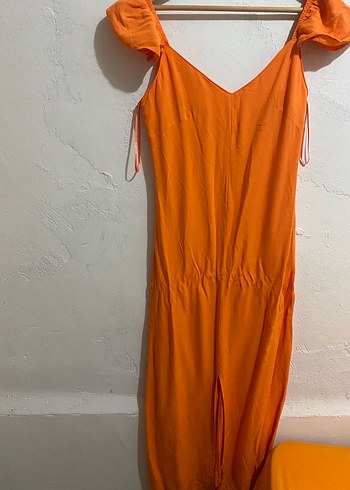 Turuncu Keten Salaş V Yakalı Uzun Tulum - Görsel 3