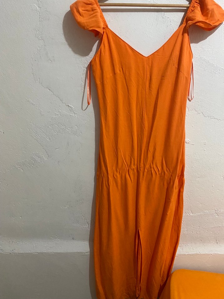 Turuncu Keten Salaş V Yakalı Uzun Tulum - Görsel 3