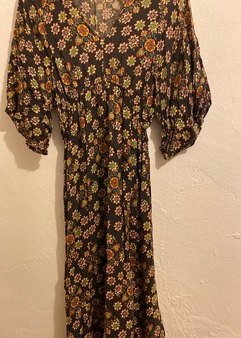 Kahverengi Bohem Uzun Elbise V Yakalı - Görsel 2