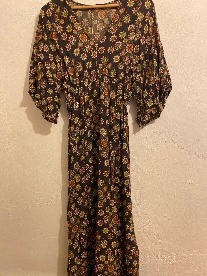 Kahverengi Bohem Uzun Elbise V Yakalı - Görsel 3