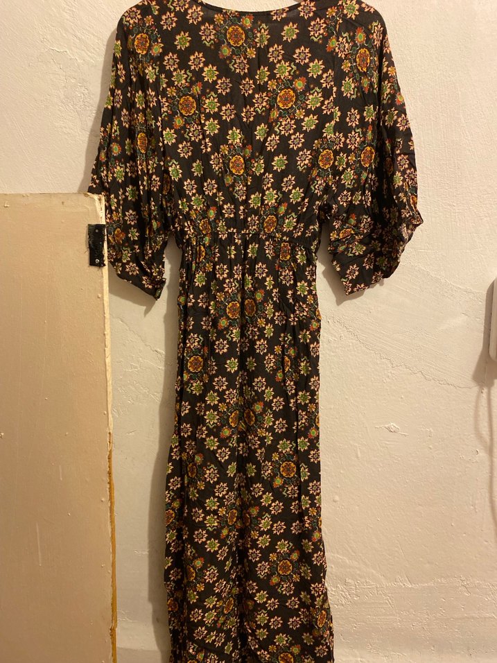 Kahverengi Bohem Uzun Elbise V Yakalı - Görsel 4