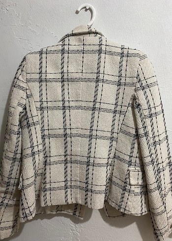Düğmeli Beyaz Gri Ekose Kadın Blazer - Görsel 3