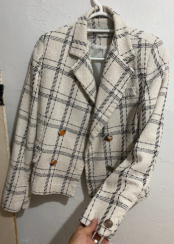 s Beden Düğmeli Beyaz Gri Ekose Kadın Blazer