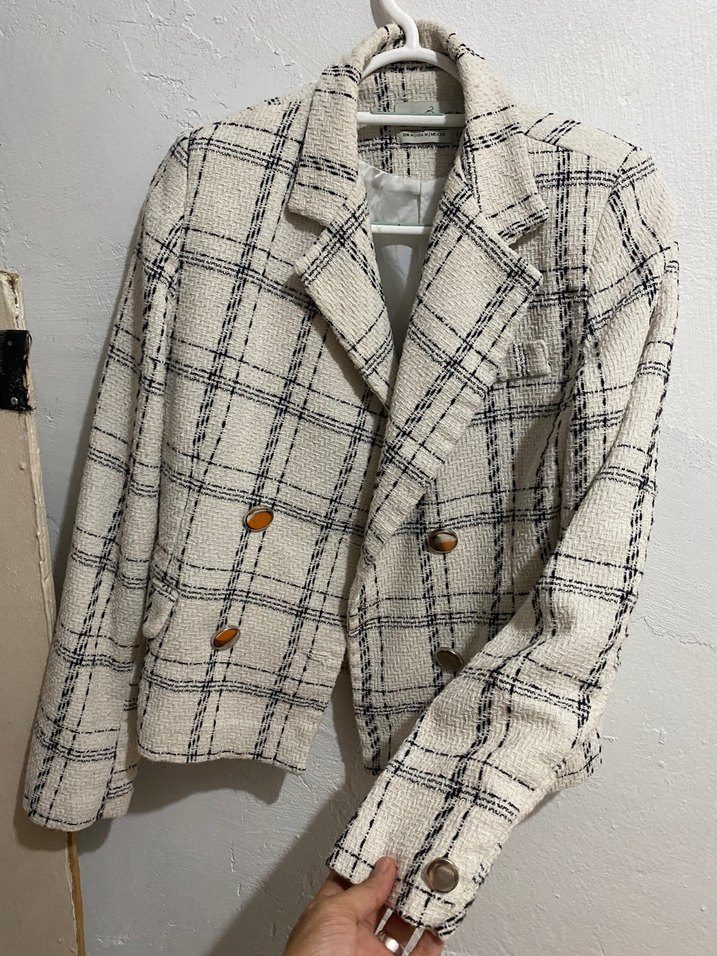 Düğmeli Beyaz Gri Ekose Kadın Blazer - Görsel 2