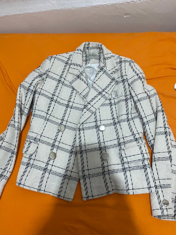 Düğmeli Beyaz Gri Ekose Kadın Blazer - Görsel 4