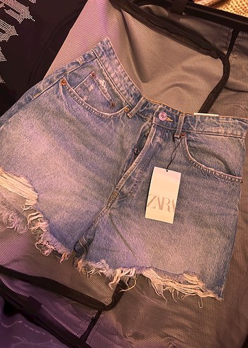 Zara Acik Mavi Yuksek Bel Denim Sort