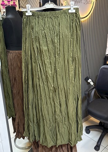 Kahve ve yeşil Pilili Uzun Keten Etek - Görsel 3