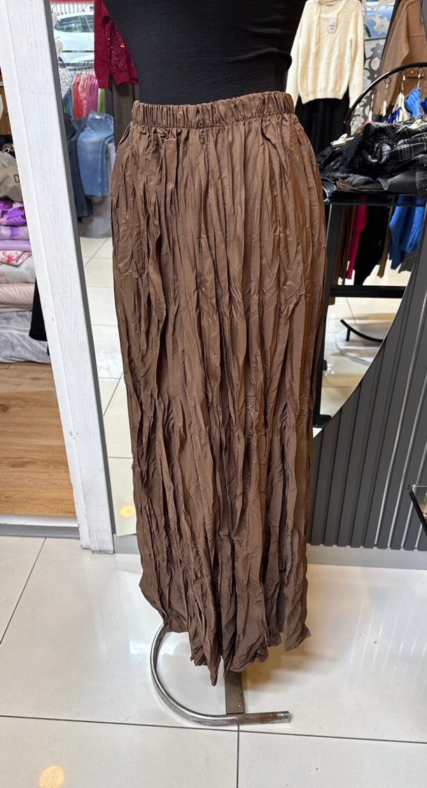 Kahve ve yeşil Pilili Uzun Keten Etek - Görsel 2