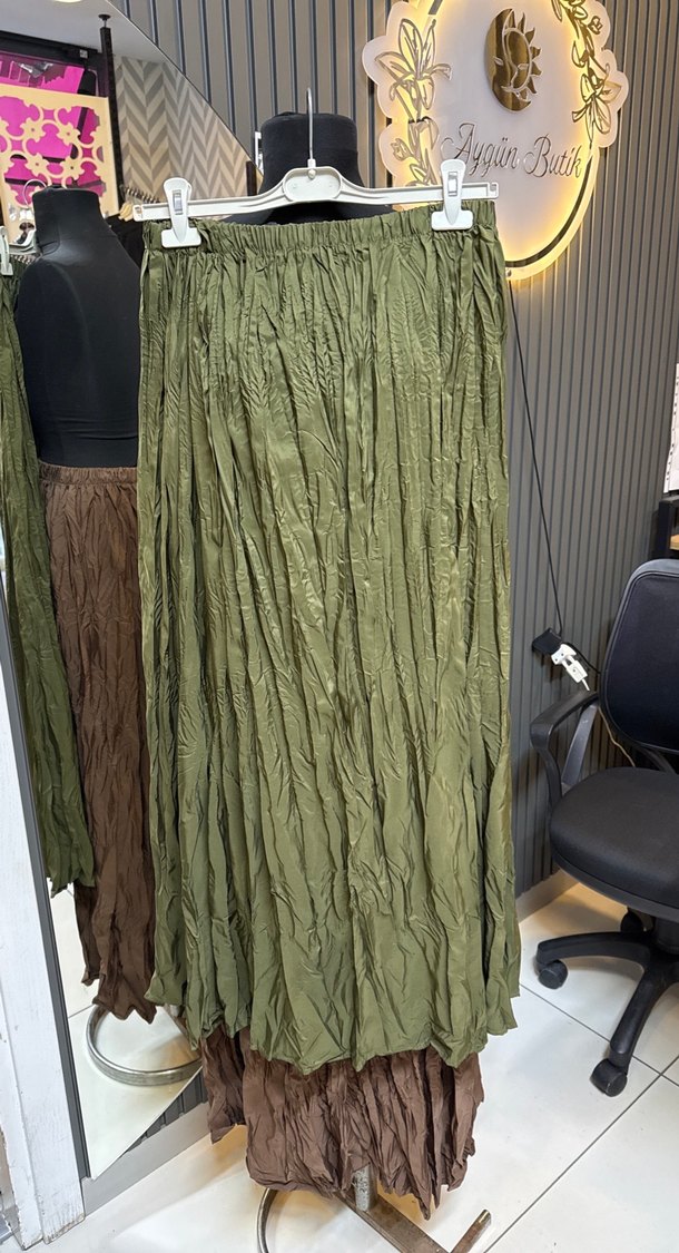 Kahve ve yeşil Pilili Uzun Keten Etek - Görsel 3