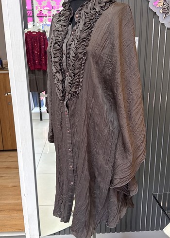 Düğmeli Uzun Kahverengi pamuk saten Bohem gömlek elbise - Görsel 3