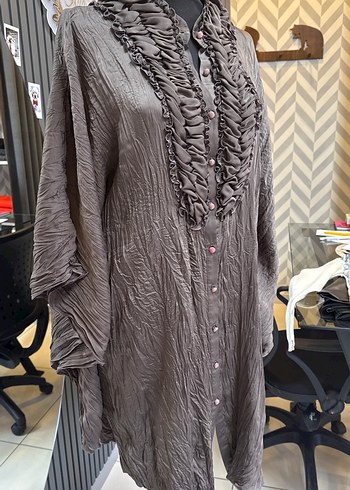 Düğmeli Uzun Kahverengi pamuk saten Bohem gömlek elbise - Görsel 2