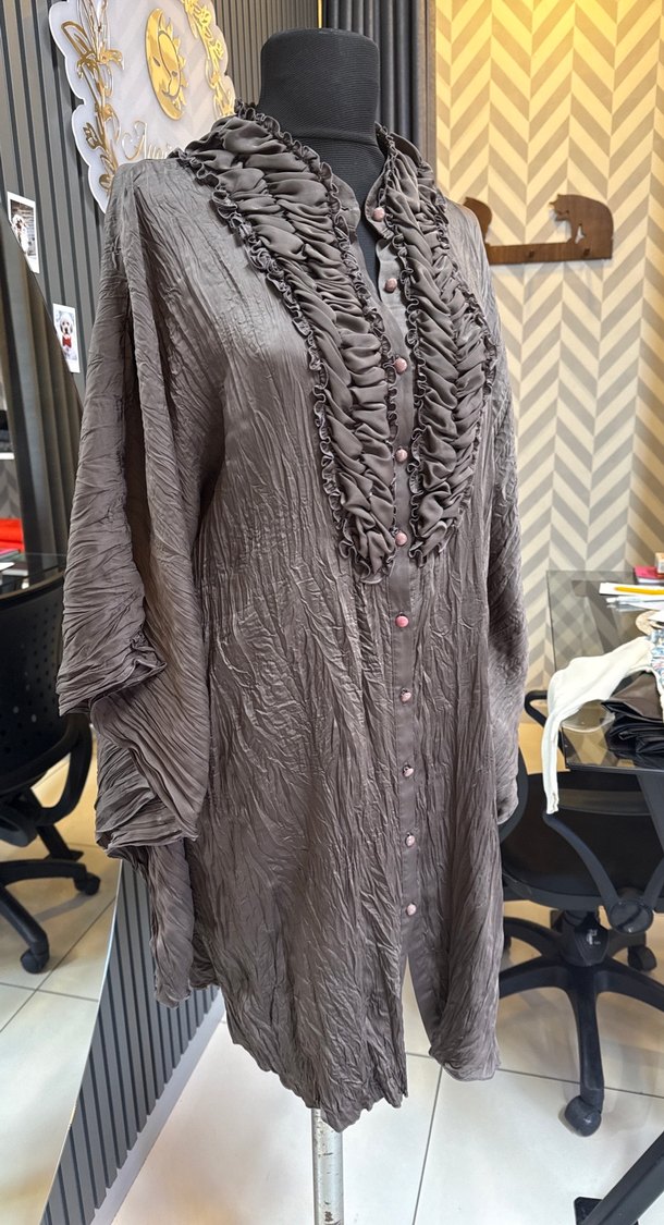 Düğmeli Uzun Kahverengi pamuk saten Bohem gömlek elbise - Görsel 2