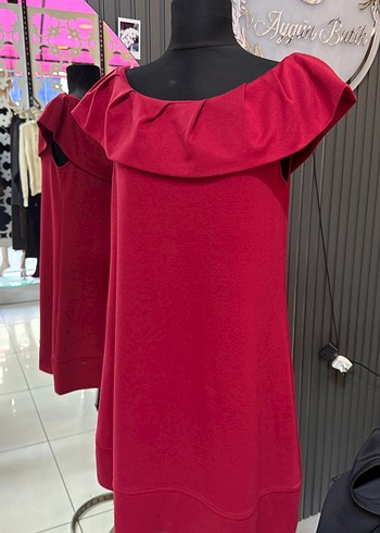 Kırmızı yaka Fırfırlı Mini belden bol rahat kalıp elbise - Görsel 2