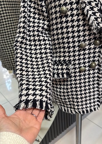 Kaz ayağı Desenli Mini Kadın Blazer Ceket - Görsel 4