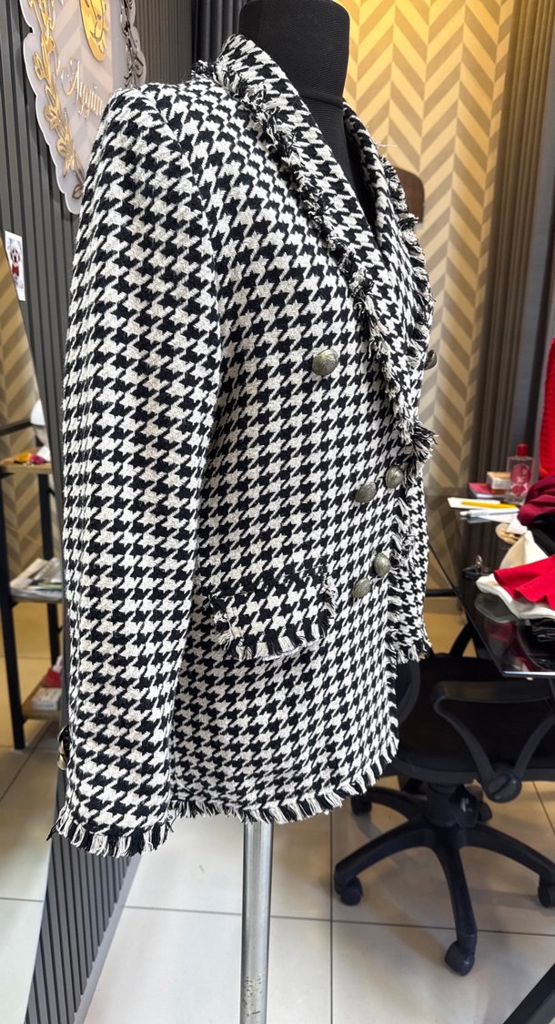 Kaz ayağı Desenli Mini Kadın Blazer Ceket - Görsel 2