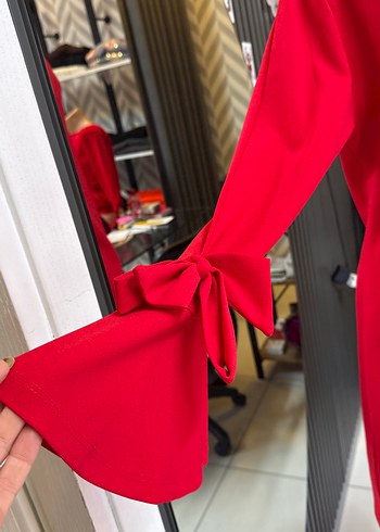 Kırmızı Uzun Kollu mini  Elbise - Görsel 3