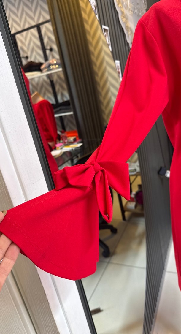 Kırmızı Uzun Kollu mini  Elbise - Görsel 3