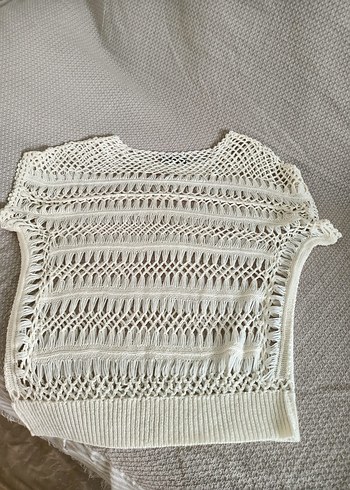 Kadın Beyaz Bohem Kısa Kollu Örgü Kazak - Görsel 4