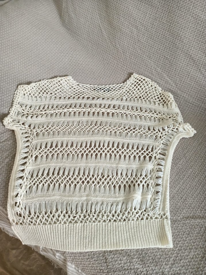 Kadın Beyaz Bohem Kısa Kollu Örgü Kazak - Görsel 4