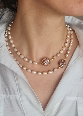 Gerçek Pudra Rengi Premium İnci Kolye - Görsel 2