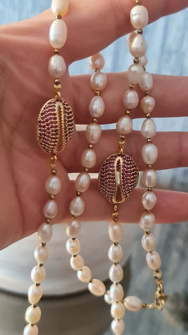 Gerçek Pudra Rengi Premium İnci Kolye - Görsel 4