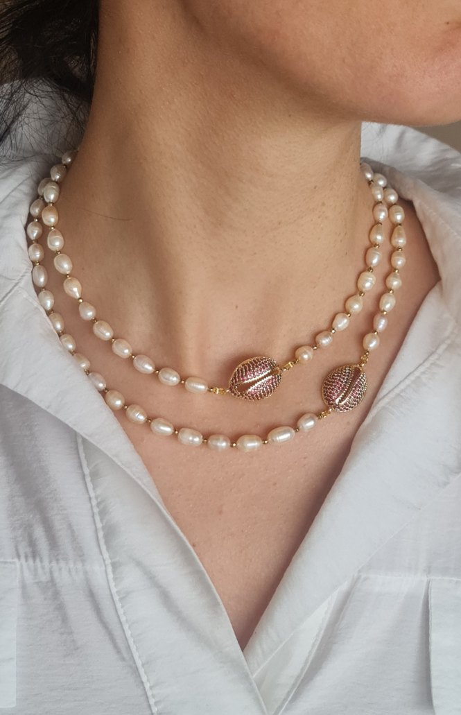 Gerçek Pudra Rengi Premium İnci Kolye - Görsel 2