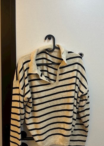 Bej Siyah Çizgili Örgü Kadın Kazak - Görsel 3