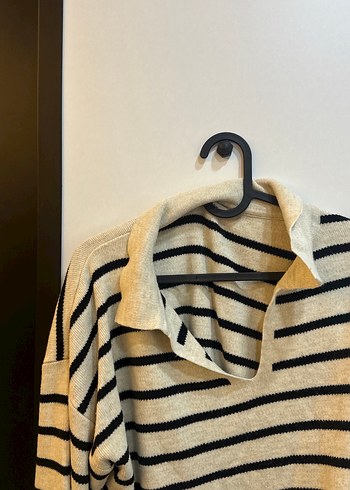 Bej Siyah Çizgili Örgü Kadın Kazak - Görsel 2