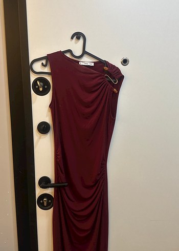 Bordo Drapeli Uzun Kadın Elbise - Görsel 5