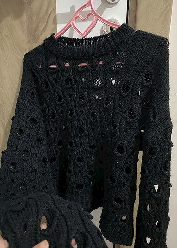 Siyah Örgü delikli Bohem Uzun Kollu Kazak - Görsel 4