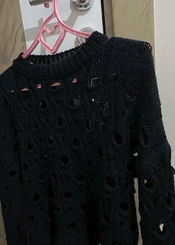 Siyah Örgü delikli Bohem Uzun Kollu Kazak - Görsel 3