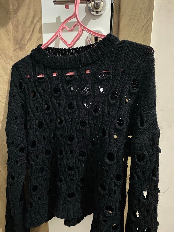 Siyah Örgü delikli Bohem Uzun Kollu Kazak - Görsel 2