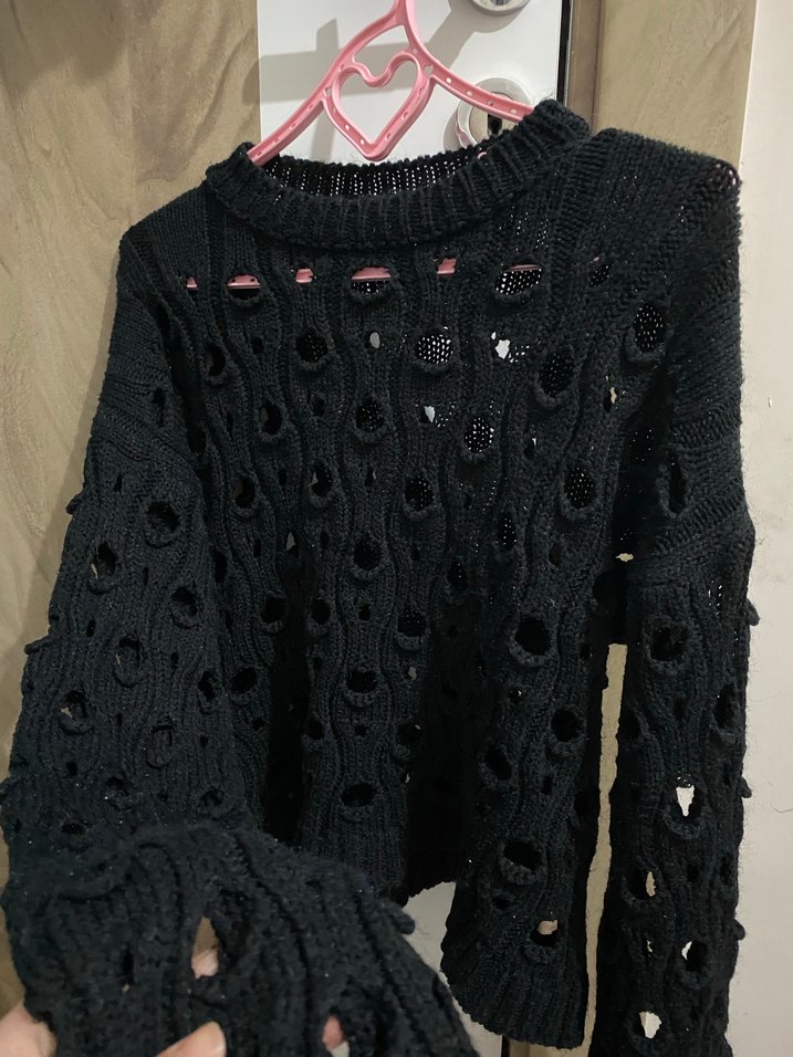 Siyah Örgü delikli Bohem Uzun Kollu Kazak - Görsel 4