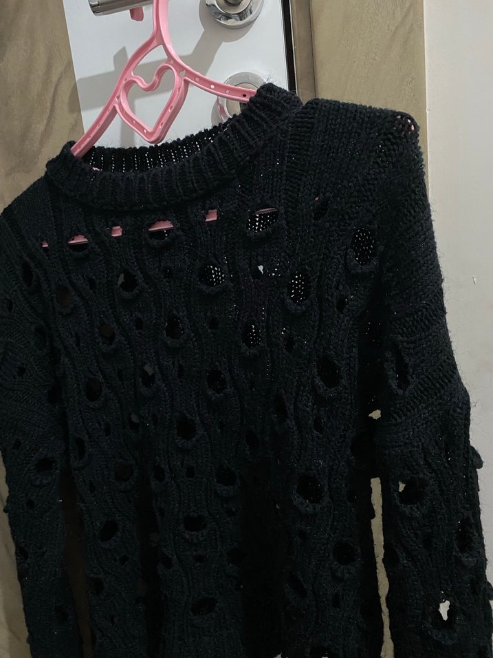 Siyah Örgü delikli Bohem Uzun Kollu Kazak - Görsel 3