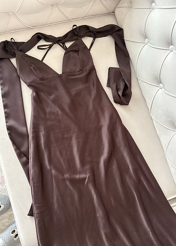 Kahverengi V Yakalı Uzun Drapeli Kadın Elbise - Görsel 6