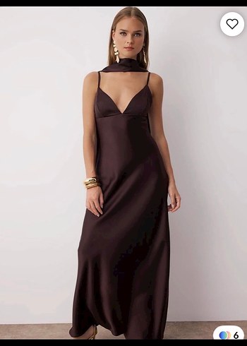 Kahverengi V Yakalı Uzun Drapeli Kadın Elbise - Görsel 2