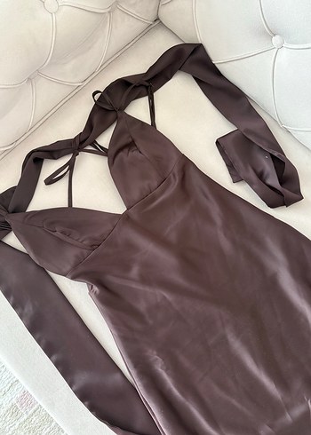 Kahverengi V Yakalı Uzun Drapeli Kadın Elbise - Görsel 5