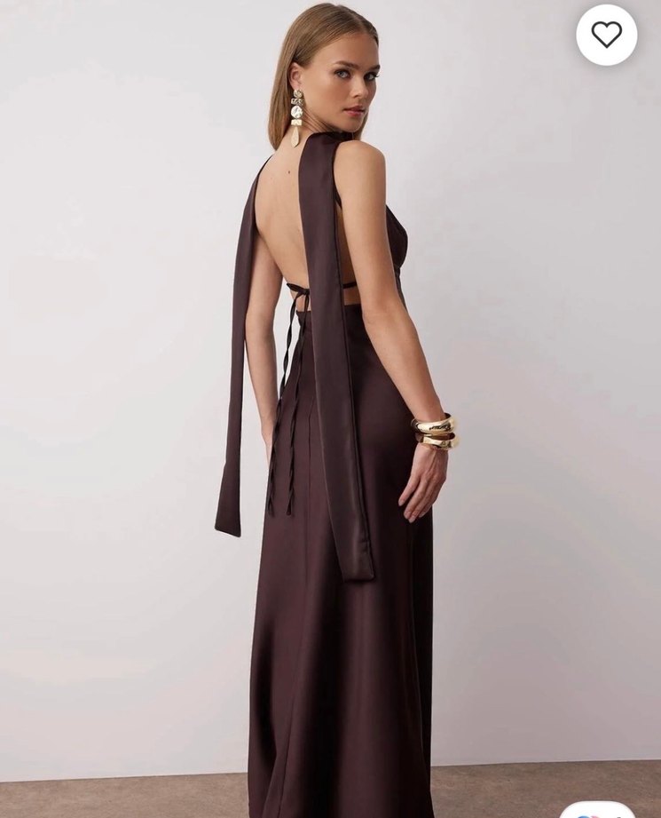 Kahverengi V Yakalı Uzun Drapeli Kadın Elbise - Görsel 3