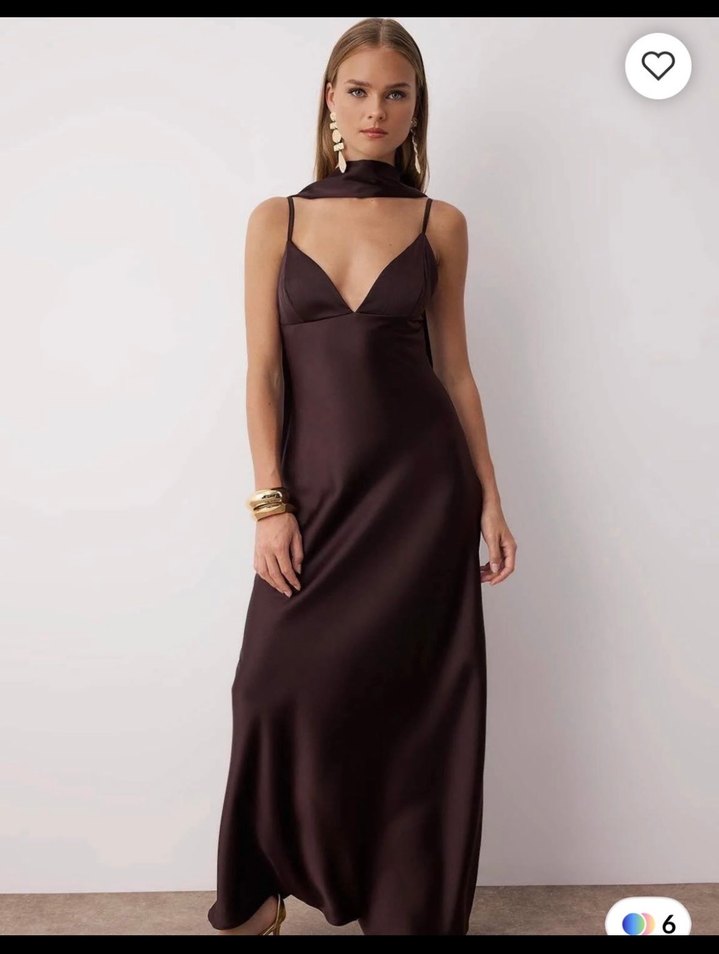 Kahverengi V Yakalı Uzun Drapeli Kadın Elbise - Görsel 2