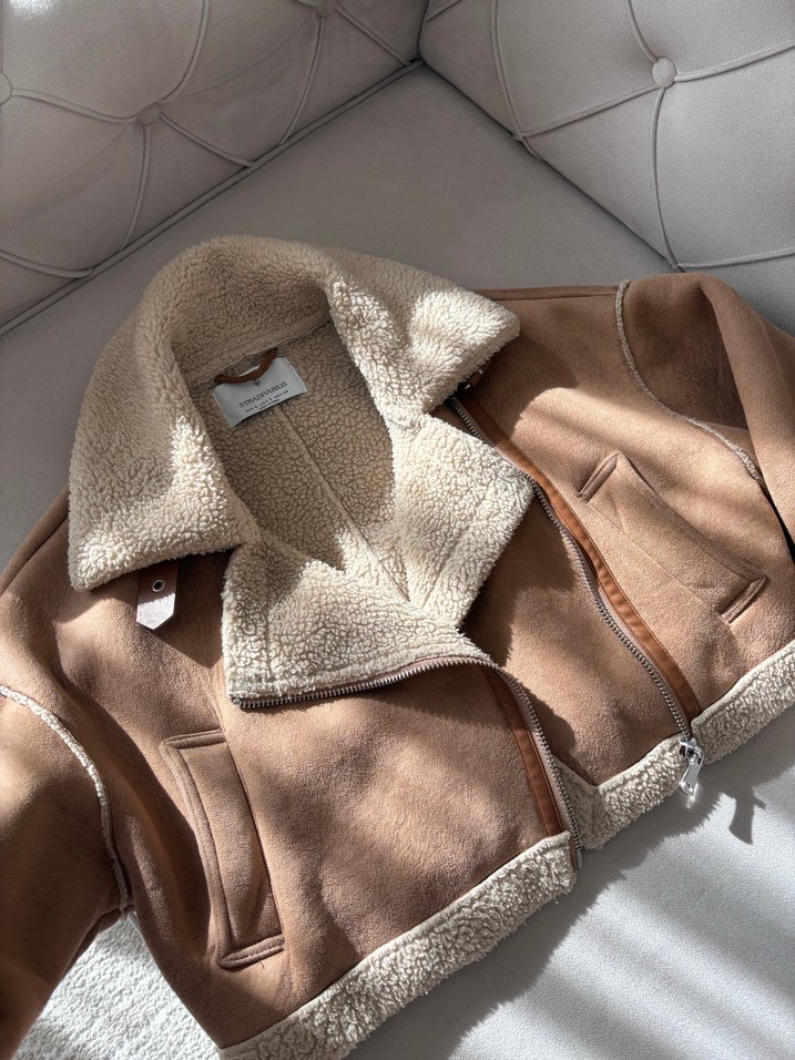 STRADİVARIUS Bej Kadın Süet Kürklü Ceket - Görsel 5