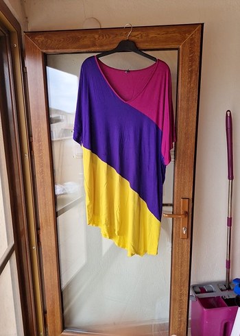 46 Beden Renkli Midi Tunik V-Yaka Drapeli