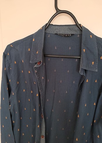 Düğmeli Lacivert Denim Erkek Gömlek