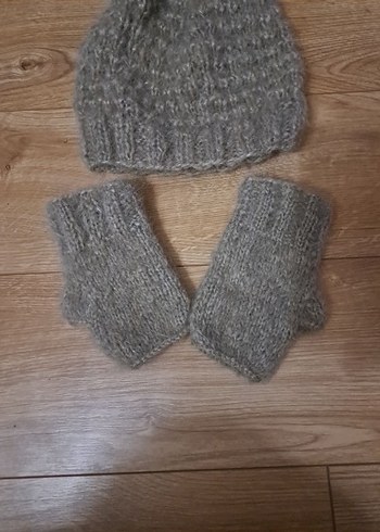 Bej Örgü Kadın Bere ve Eldiven Seti - Görsel 5